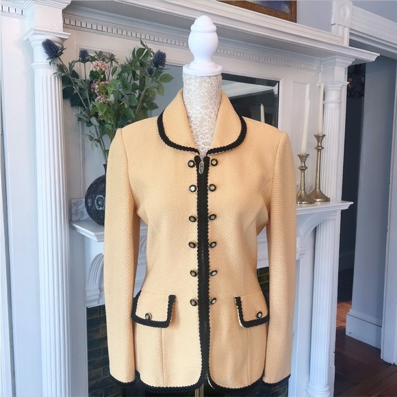 VINTAGE ST. JOHN By Marie Gray Yellow W/ Black Trim Wool Blend Jacket Size 4 - Picture 3 of 15